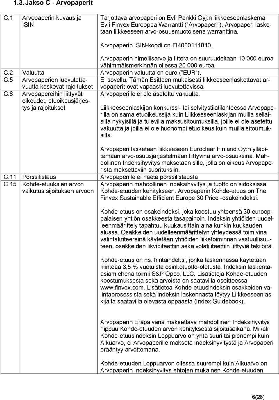 Arvopaperin nimellisarvo ja littera on suuruudeltaan 10 000 euroa vähimmäismerkinnän ollessa 20 000 euroa. C.2 Valuutta Arvopaperin valuutta on euro ( EUR ). C.5 Arvopaperien luovutetta- Ei sovellu.