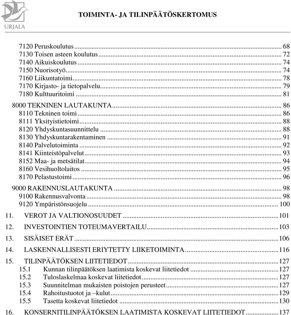 .. 92 8141 Kiinteistöpalvelut... 93 8152 Maa- ja metsätilat... 94 8160 Vesihuoltolaitos... 95 8170 Pelastustoimi... 96 9000 RAKENNUSLAUTAKUNTA... 98 9100 Rakennusvalvonta... 98 9120 Ympäristönsuojelu.