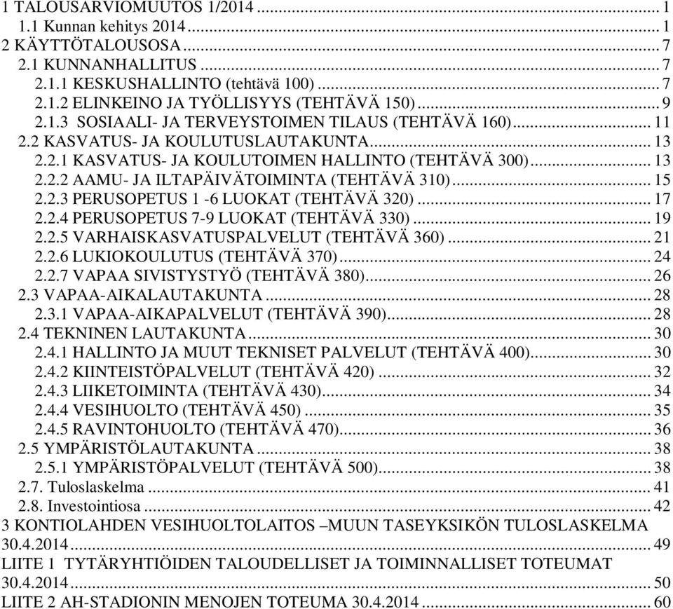 .. 15 2.2.3 PERUSOPETUS 1-6 LUOKAT (TEHTÄVÄ 320)... 17 2.2.4 PERUSOPETUS 7-9 LUOKAT (TEHTÄVÄ 330)... 19 2.2.5 VARHAISKASVATUSPALVELUT (TEHTÄVÄ 360)... 21 2.2.6 LUKIOKOULUTUS (TEHTÄVÄ 370)... 24 2.2.7 VAPAA SIVISTYSTYÖ (TEHTÄVÄ 380).