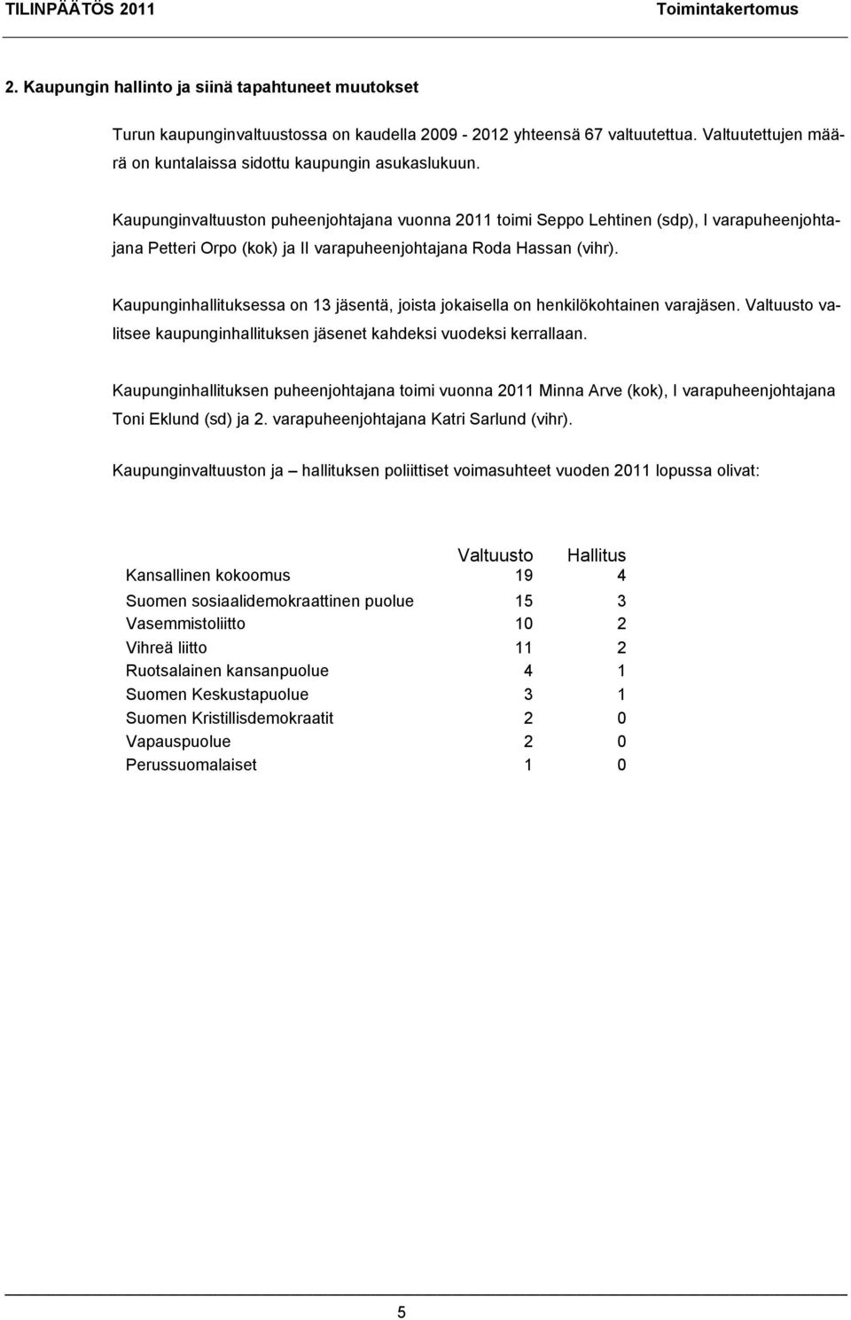 Kaupunginvaltuuston puheenjohtajana vuonna 2011 toimi Seppo Lehtinen (sdp), I varapuheenjohtajana Petteri Orpo (kok) ja II varapuheenjohtajana Roda Hassan (vihr).