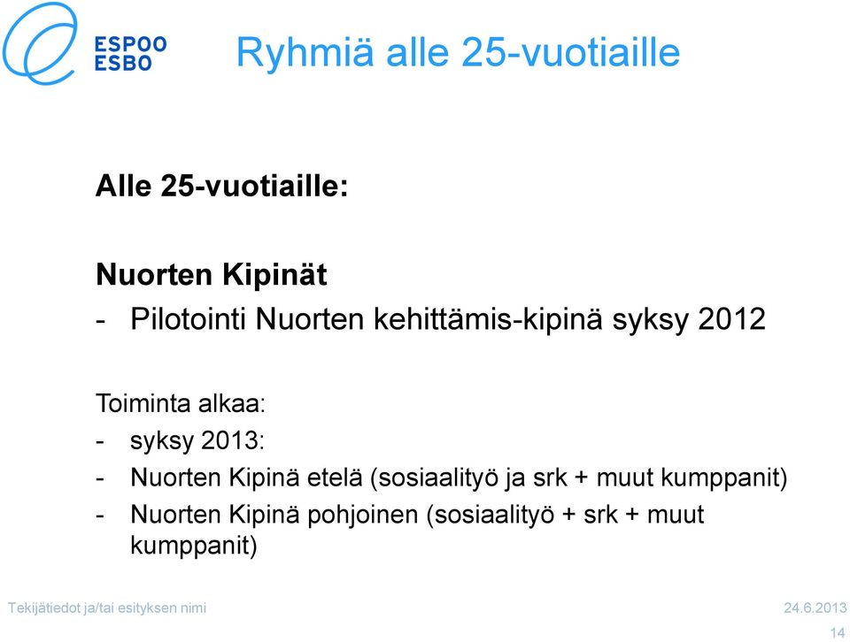 syksy 2013: - Nuorten Kipinä etelä (sosiaalityö ja srk + muut