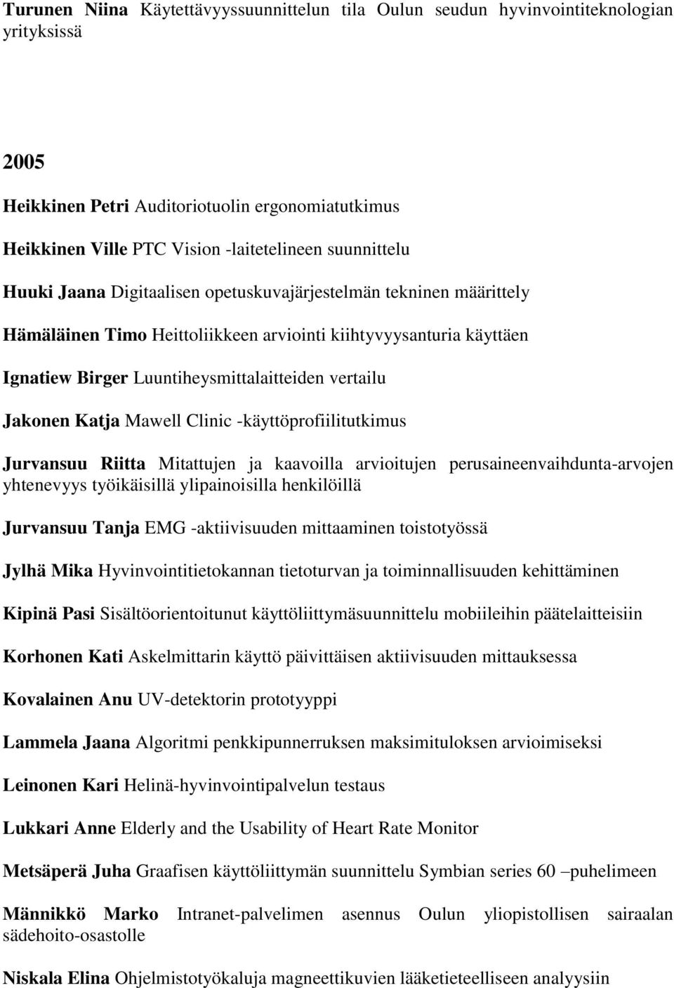 Jakonen Katja Mawell Clinic -käyttöprofiilitutkimus Jurvansuu Riitta Mitattujen ja kaavoilla arvioitujen perusaineenvaihdunta-arvojen yhtenevyys työikäisillä ylipainoisilla henkilöillä Jurvansuu