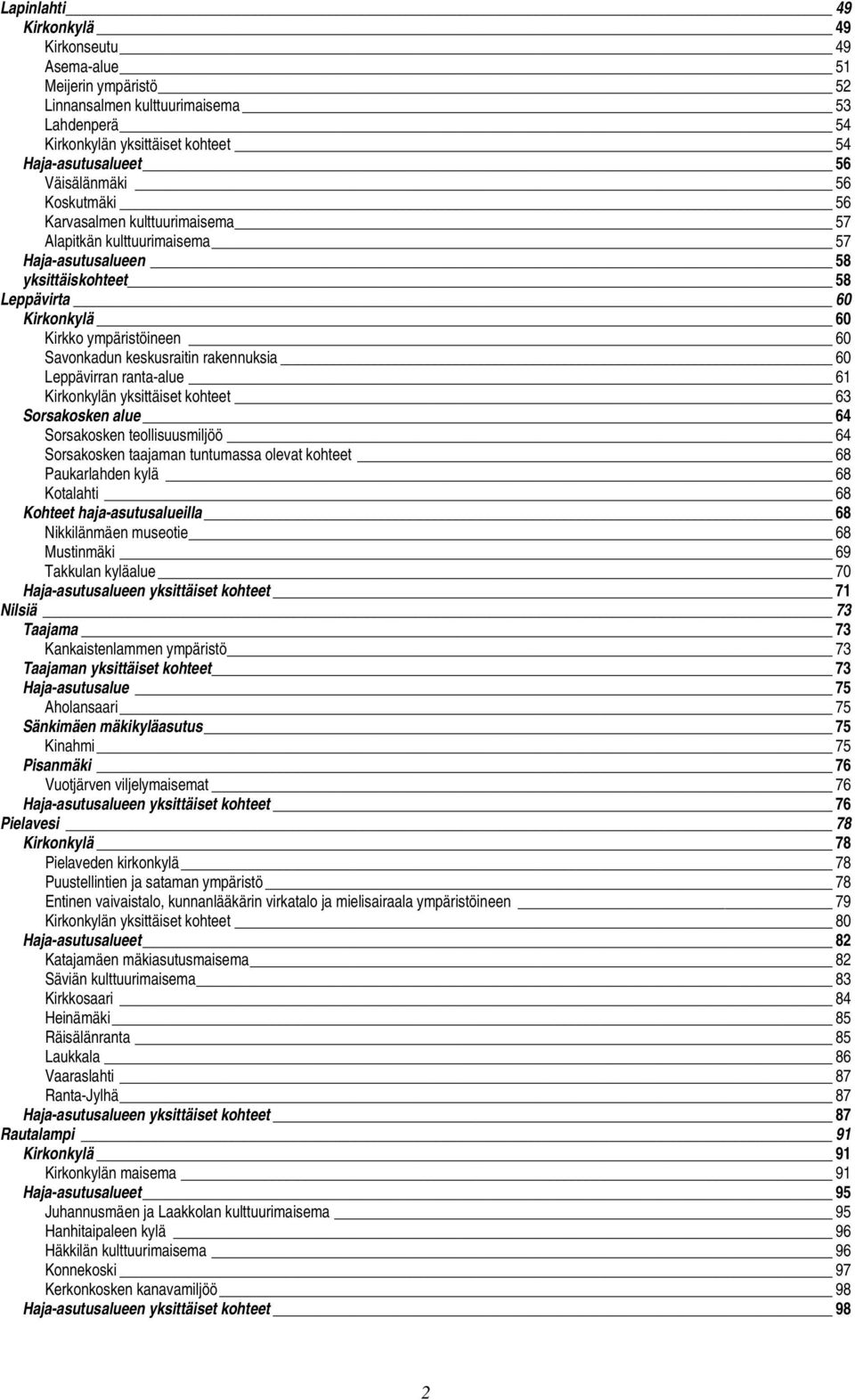rakennuksia 60 Leppävirran ranta-alue 61 Kirkonkylän yksittäiset kohteet 63 Sorsakosken alue 64 Sorsakosken teollisuusmiljöö 64 Sorsakosken taajaman tuntumassa olevat kohteet 68 Paukarlahden kylä 68