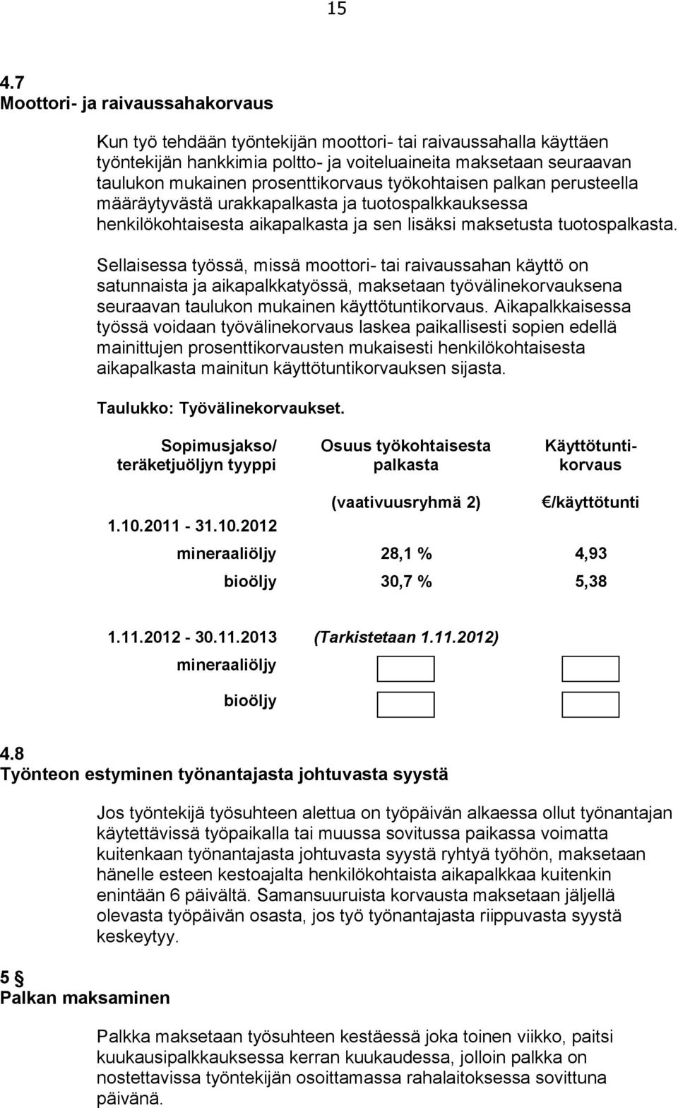 Sellaisessa työssä, missä moottori- tai raivaussahan käyttö on satunnaista ja aikapalkkatyössä, maksetaan työvälinekorvauksena seuraavan taulukon mukainen käyttötuntikorvaus.