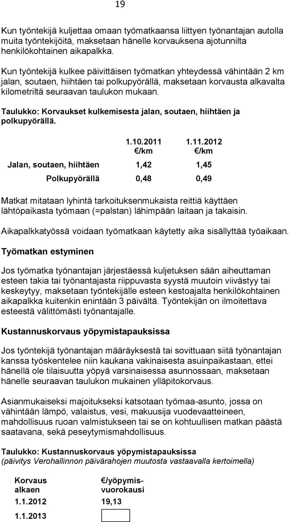 Taulukko: Korvaukset kulkemisesta jalan, soutaen, hiihtäen ja polkupyörällä. 1.10.2011 