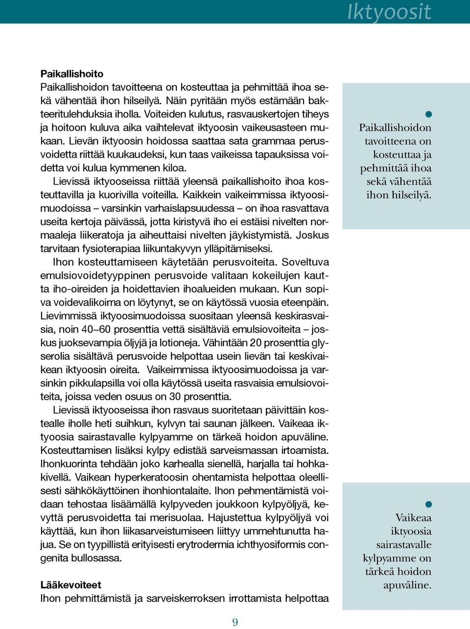 Lievän iktyoosin hoidossa saattaa sata grammaa perusvoidetta riittää kuukaudeksi, kun taas vaikeissa tapauksissa voidetta voi kulua kymmenen kiloa.