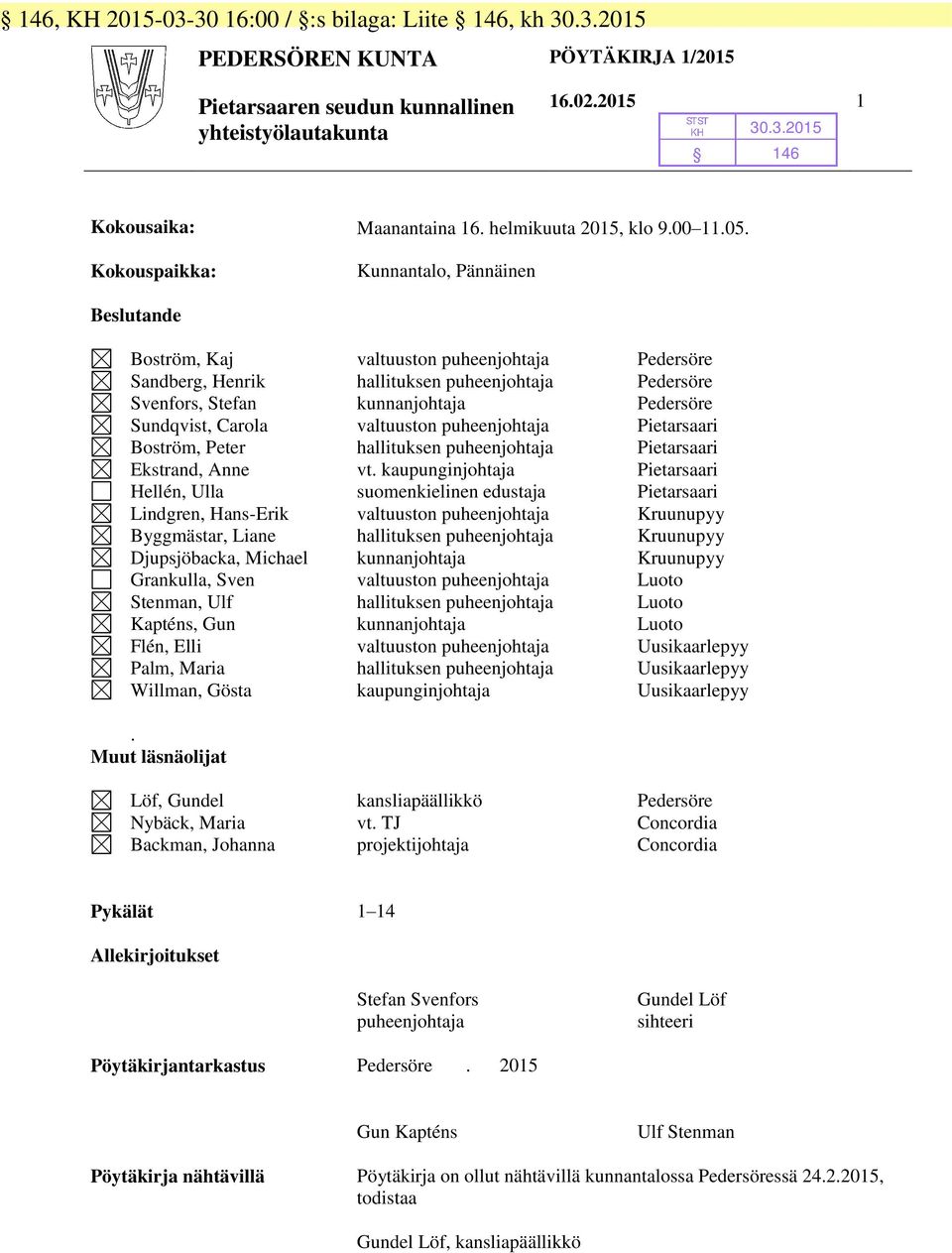 Kunnantalo, Pännäinen Beslutande Boström, Kaj Sandberg, Henrik Svenfors, Stefan Sundqvist, Carola Boström, Peter Ekstrand, Anne Hellén, Ulla Lindgren, Hans-Erik Byggmästar, Liane Djupsjöbacka,