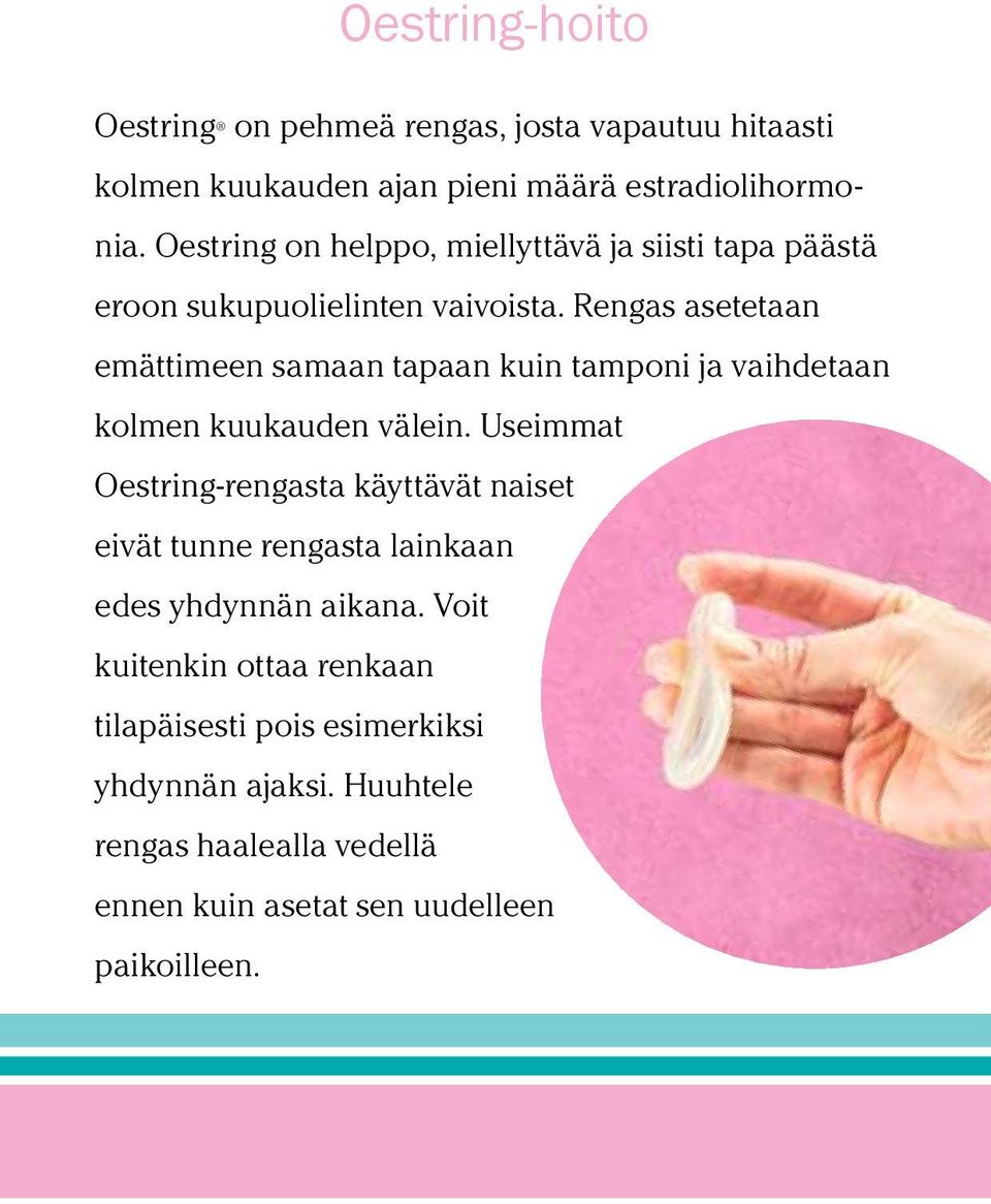 Rengas asetetaan emättimeen samaan tapaan kuin tamponi ja vaihdetaan kolmen kuukauden välein.