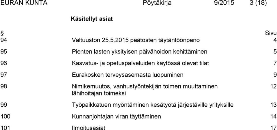 5.2015 päätösten täytäntöönpano 4 95 Pienten lasten yksityisen päivähoidon kehittäminen 5 96 Kasvatus- ja