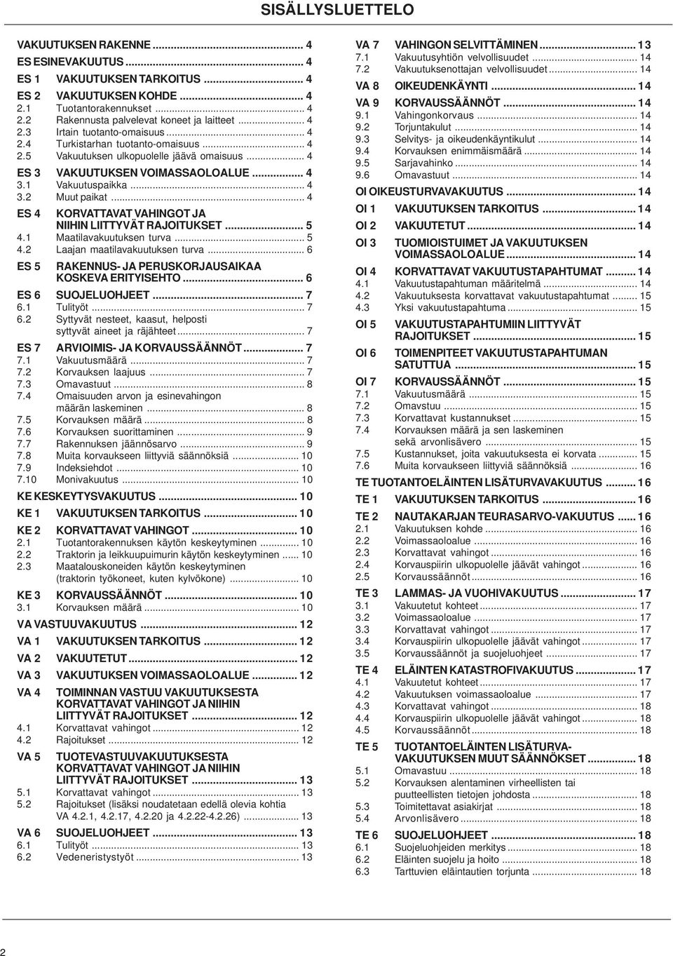 .. 4 ES 4 KORVATTAVAT VAHINGOT JA NIIHIN LIITTYVÄT RAJOITUKSET... 5 4.1 Maatilavakuutuksen turva... 5 4.2 Laajan maatilavakuutuksen turva... 6 ES 5 RAKENNUS- JA PERUSKORJAUSAIKAA KOSKEVA ERITYISEHTO.