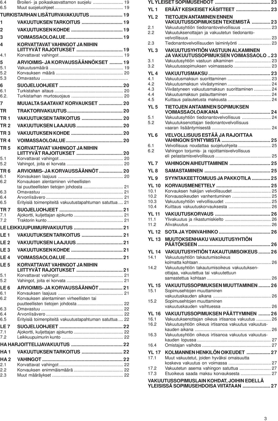 3 Omavastuu... 6 SUOJELUOHJEET... 20 6.1 Turkistahan aitaus... 20 6.2. Turkistarhan murtosuojaus... 20 7 MUUALTA SAATAVAT KORVAUKSET... 20 TR TRAKTORIVAKUUTUS... 20 TR 1 VAKUUTUKSEN TARKOITUS.