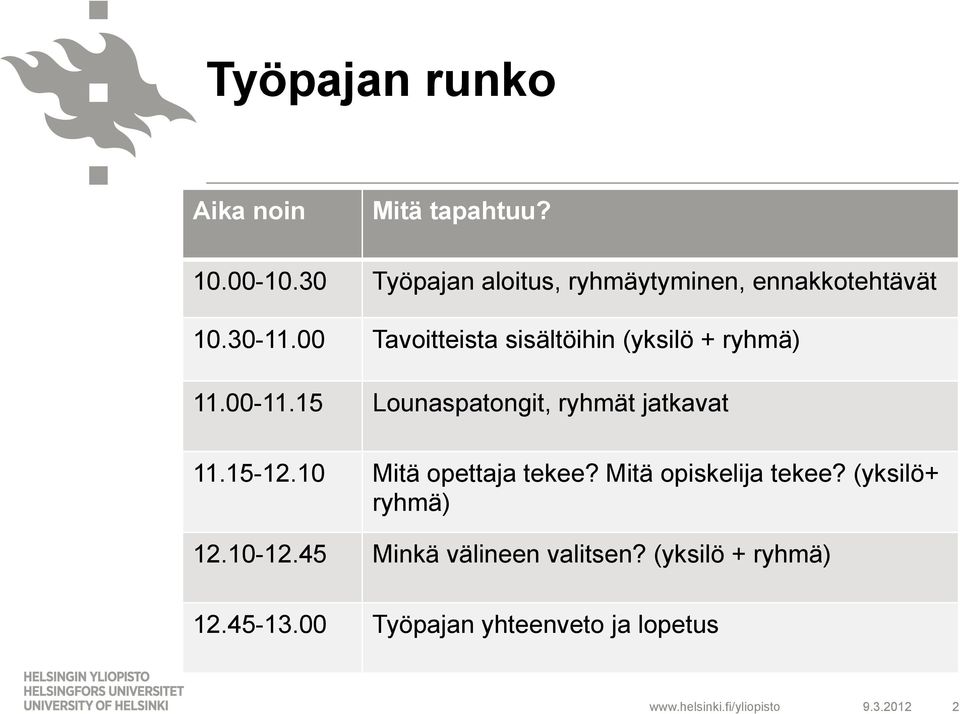 00 Tavoitteista sisältöihin (yksilö + ryhmä) 11.00-11.15 Lounaspatongit, ryhmät jatkavat 11.