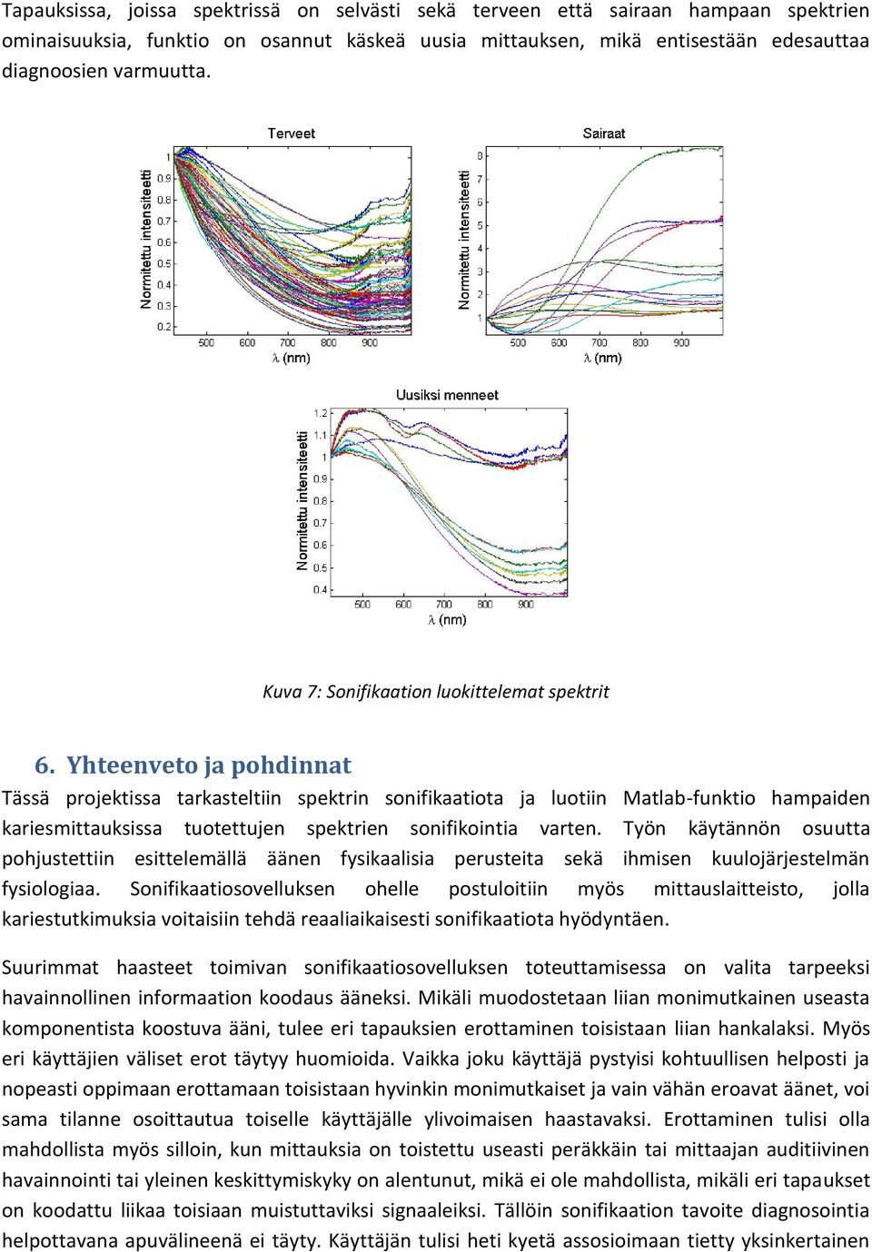 Yhteenveto ja pohdinnat Tässä projektissa tarkasteltiin spektrin sonifikaatiota ja luotiin Matlab-funktio hampaiden kariesmittauksissa tuotettujen spektrien sonifikointia varten.