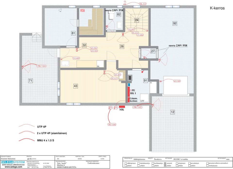 vvvv SÄHKÖSUUNNITTELIJA SELEGA SYSTEM Ky Saarenmaantie 3 45360 VALKEALA Puh. 05-3117 440 01.02.2006 Lasse Honkala p. 0400-344 205 KYLÄ / KAUP.