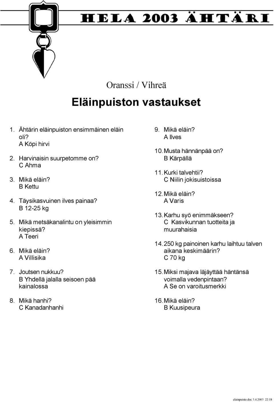 Mikä hanhi? C Kanadanhanhi 9. Mikä eläin? A Ilves 10. Musta hännänpää on? B Kärpällä 11. Kurki talvehtii? C Niilin jokisuistoissa 12. Mikä eläin? A Varis 13. Karhu syö enimmäkseen?