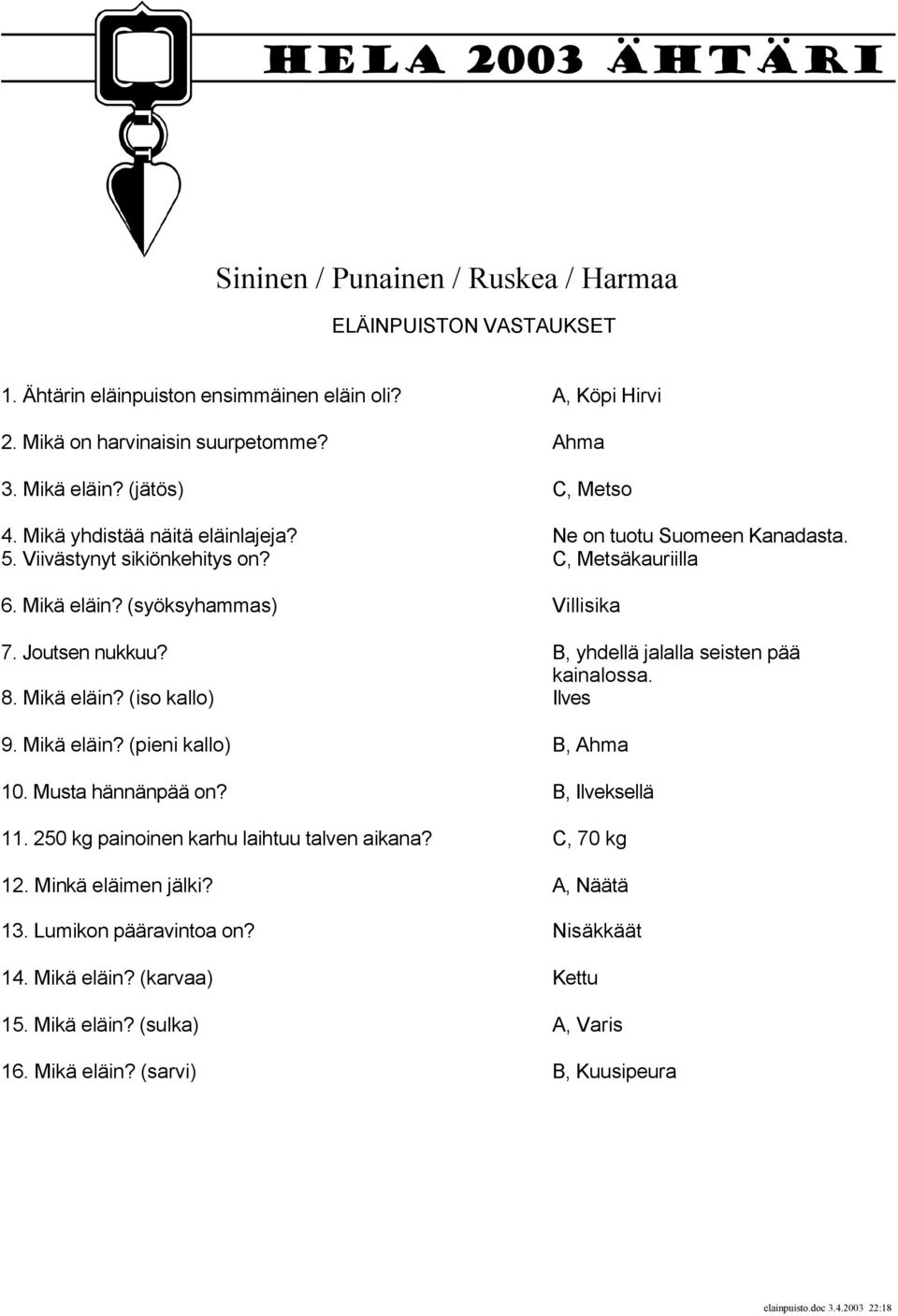 Joutsen nukkuu? B, yhdellä jalalla seisten pää kainalossa. 8. Mikä eläin? (iso kallo) Ilves 9. Mikä eläin? (pieni kallo) B, Ahma 10. Musta hännänpää on? B, Ilveksellä 11.