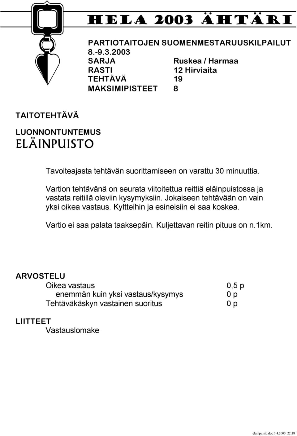 varattu 30 minuuttia. Vartion tehtävänä on seurata viitoitettua reittiä eläinpuistossa ja vastata reitillä oleviin kysymyksiin.