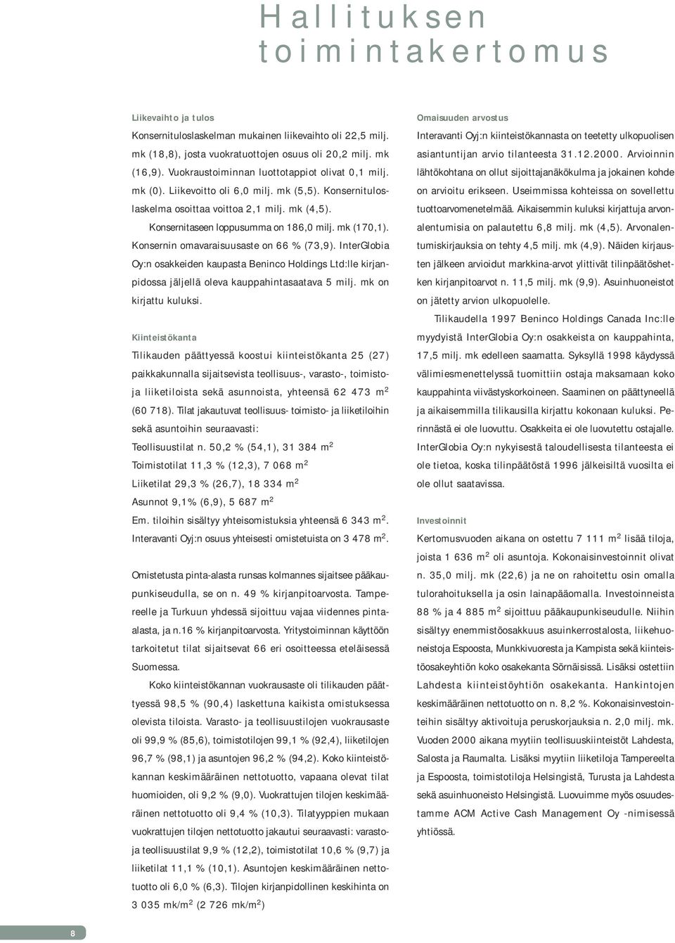 mk (170,1). Konsernin omavaraisuusaste on 66 % (73,9). InterGlobia Oy:n osakkeiden kaupasta Beninco Holdings Ltd:lle kirjanpidossa jäljellä oleva kauppahintasaatava 5 milj. mk on kirjattu kuluksi.