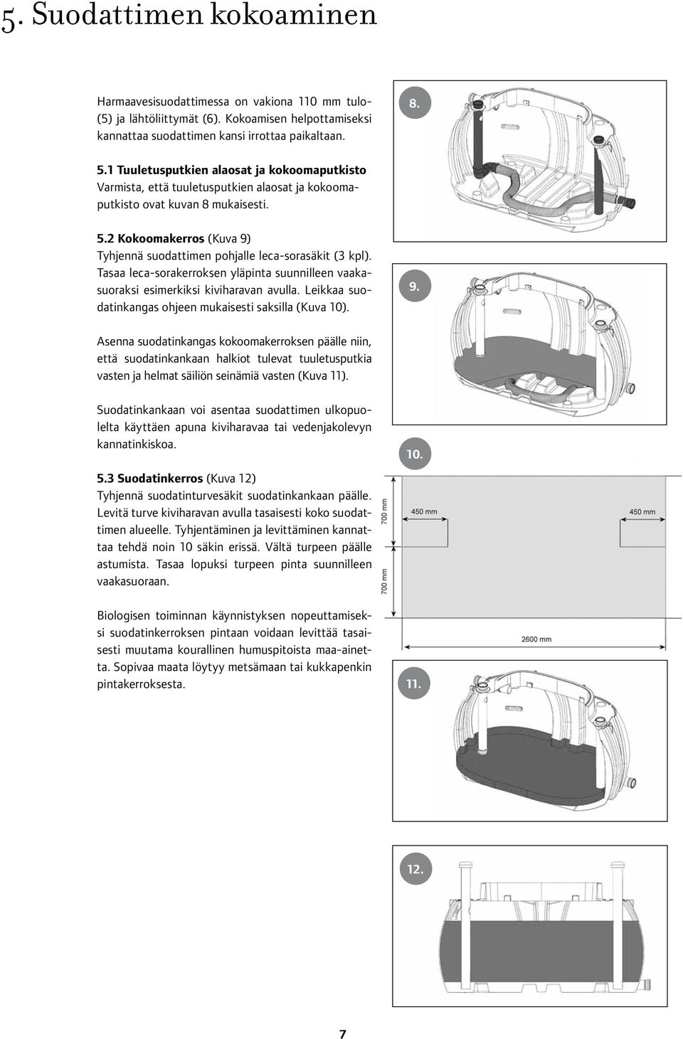 2 Kokoomakerros (Kuva 9) Tyhjennä suodattimen pohjalle leca-sorasäkit (3 kpl). Tasaa leca-sorakerroksen yläpinta suunnilleen vaakasuoraksi esimerkiksi kiviharavan avulla.