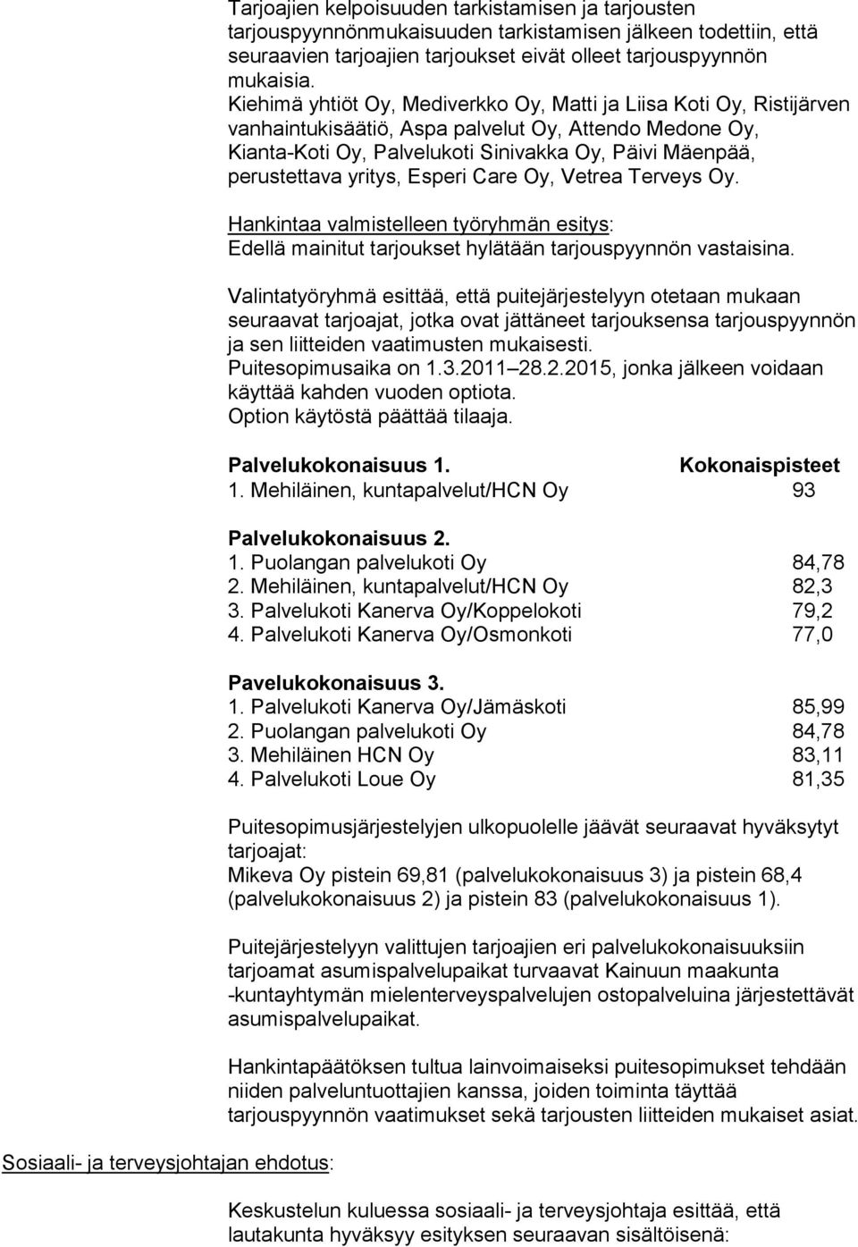 Kiehimä yhtiöt Oy, Mediverkko Oy, Matti ja Liisa Koti Oy, Ristijärven vanhaintukisäätiö, Aspa palvelut Oy, Attendo Medone Oy, Kianta-Koti Oy, Palvelukoti Sinivakka Oy, Päivi Mäenpää, perustettava