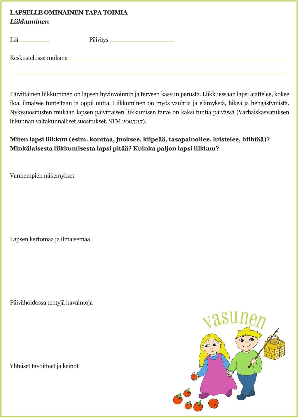 Nykysuositusten mukaan lapsen päivittäisen liikkumisen tarve on kaksi tuntia päivässä (Varhaiskasvatuksen liikunnan valtakunnalliset suositukset, STM 2005:17).