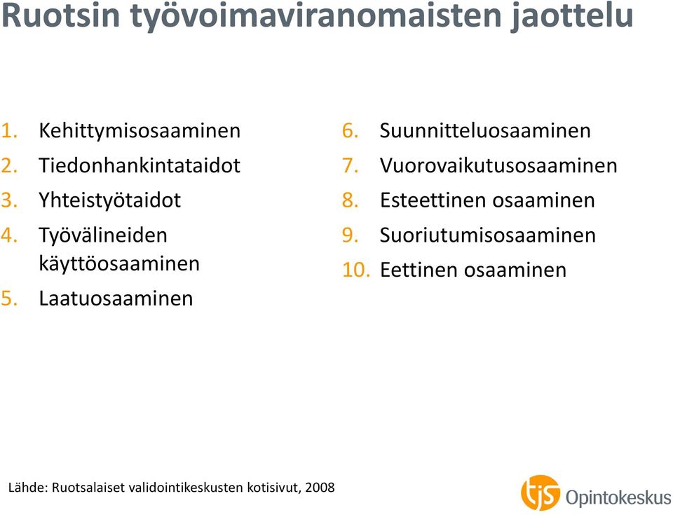 Laatuosaaminen 6. Suunnitteluosaaminen 7. Vuorovaikutusosaaminen 8.