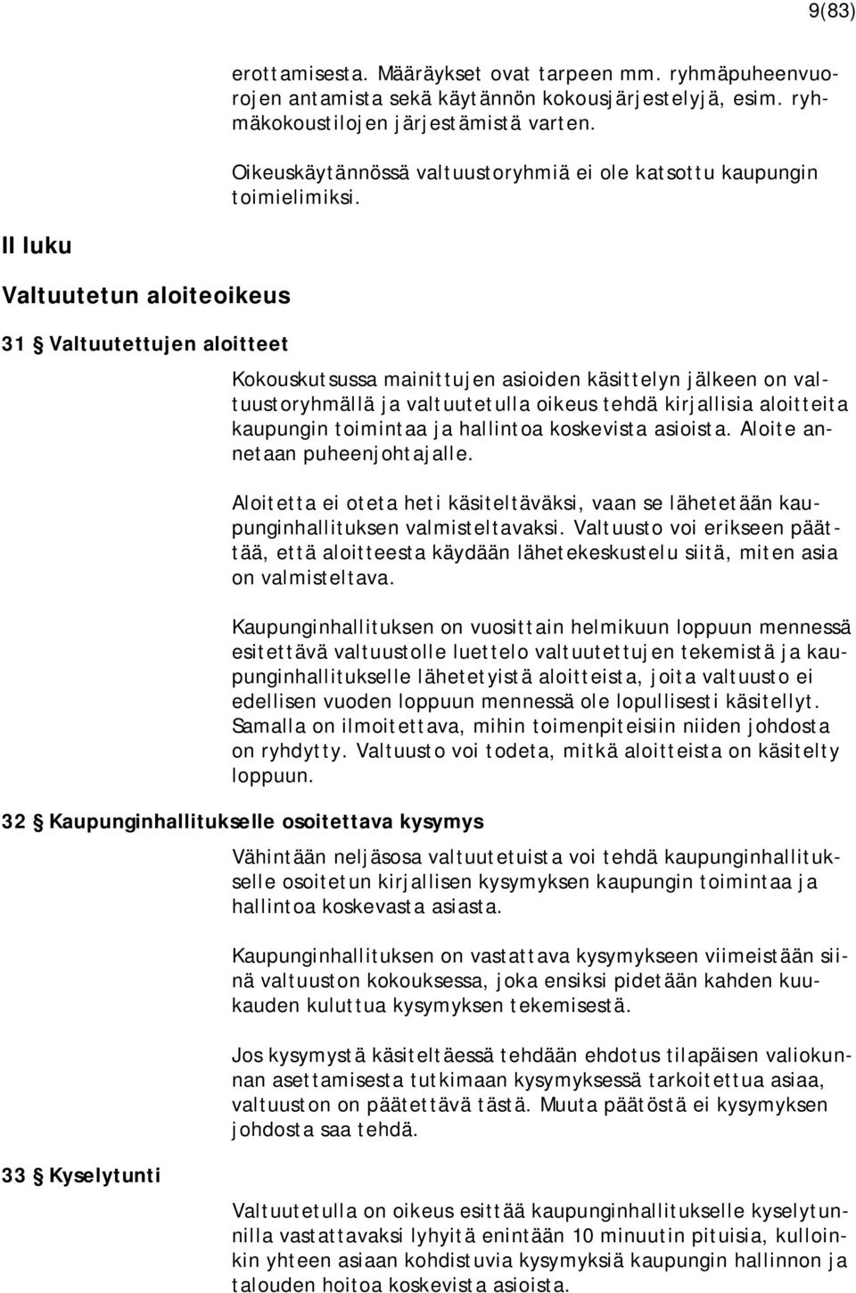 II luku Valtuutetun aloiteoikeus 31 Valtuutettujen aloitteet Kokouskutsussa mainittujen asioiden käsittelyn jälkeen on valtuustoryhmällä ja valtuutetulla oikeus tehdä kirjallisia aloitteita kaupungin