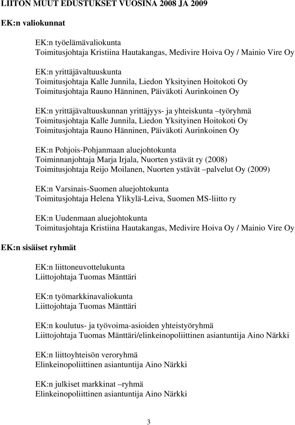 Kalle Junnila, Liedon Yksityinen Hoitokoti Oy Toimitusjohtaja Rauno Hänninen, Päiväkoti Aurinkoinen Oy EK:n Pohjois-Pohjanmaan aluejohtokunta Toiminnanjohtaja Marja Irjala, Nuorten ystävät ry (2008)