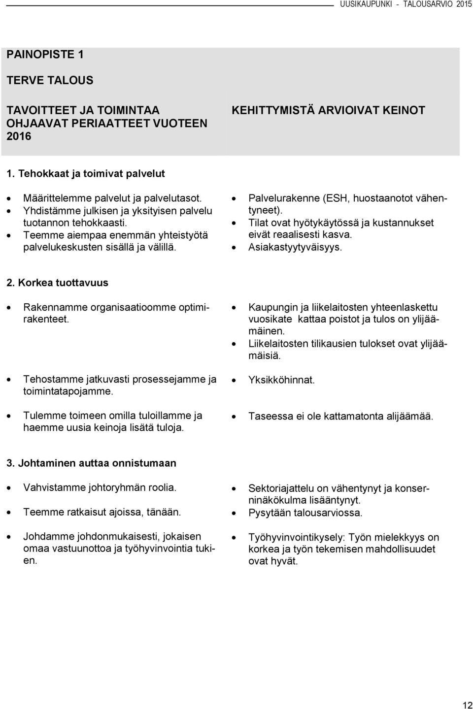 Tilat ovat hyötykäytössä ja kustannukset eivät reaalisesti kasva. Asiakastyytyväisyys. 2. Korkea tuottavuus Rakennamme organisaatioomme optimirakenteet.