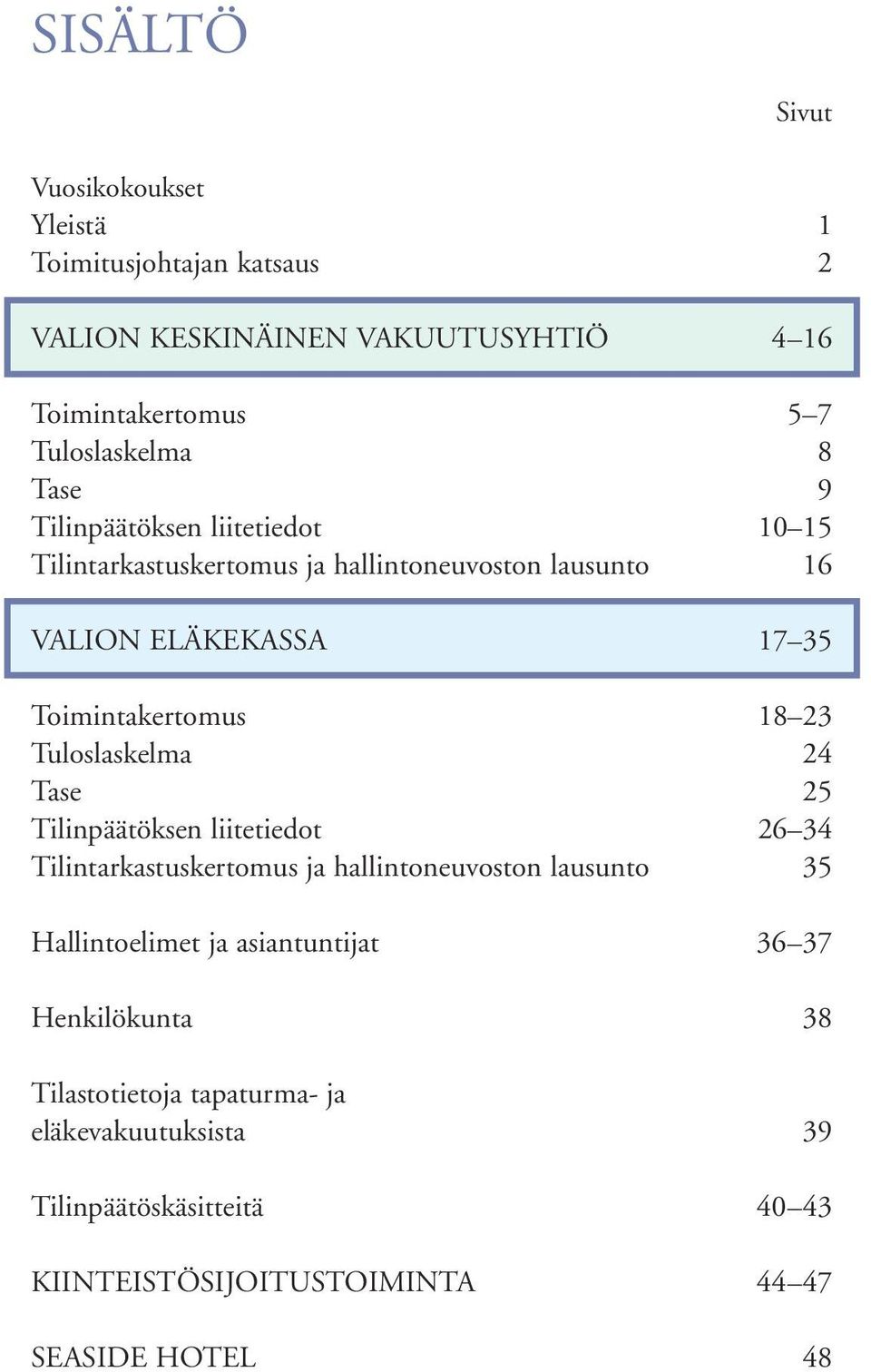 Tuloslaskelma 24 Tase 25 Tilinpäätöksen liitetiedot 26 34 Tilintarkastuskertomus ja hallintoneuvoston lausunto 35 Hallintoelimet ja