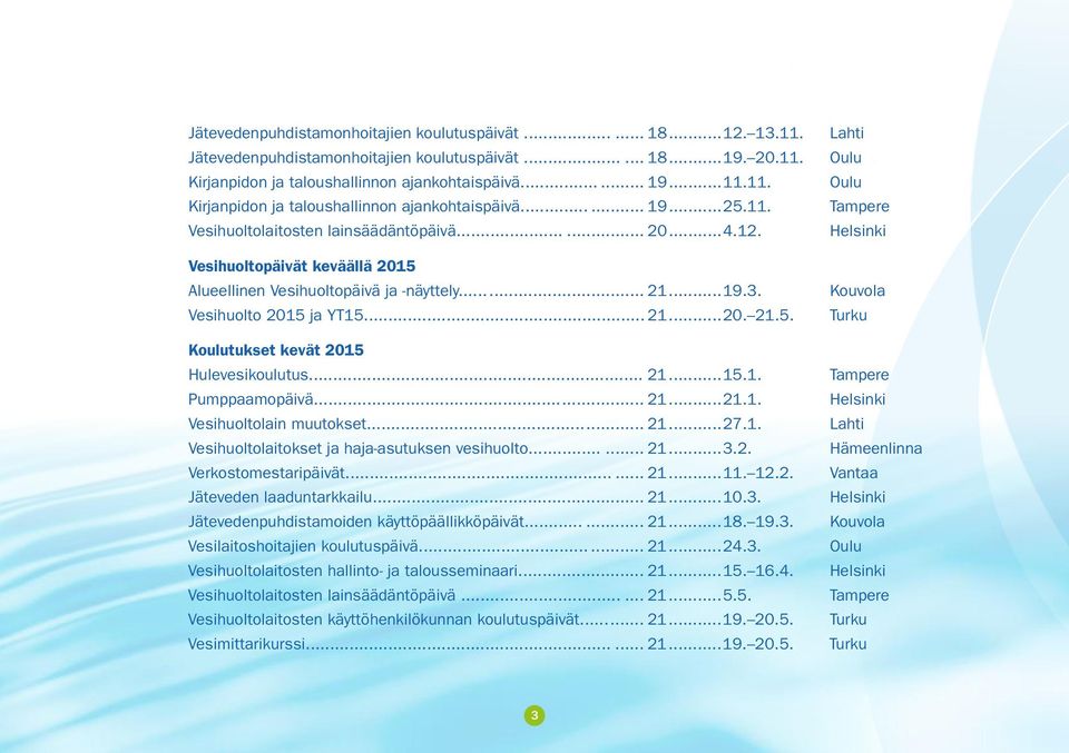 ..21...15.1. Pumppaamopäivä... 21...21.1. Vesihuoltolain muutokset... 21...27.1. Vesihuoltolaitokset ja haja-asutuksen vesihuolto... 21...3.2. Verkostomestaripäivät... 21...11. 12.2. Jäteveden laaduntarkkailu.