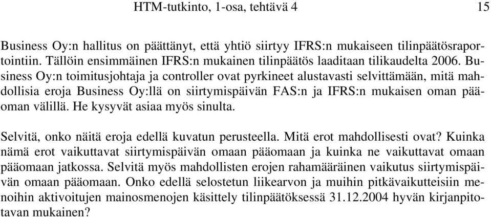 Business Oy:n toimitusjohtaja ja controller ovat pyrkineet alustavasti selvittämään, mitä mahdollisia eroja Business Oy:llä on siirtymispäivän FAS:n ja IFRS:n mukaisen oman pääoman välillä.