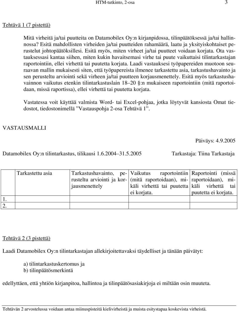 Ota vastauksessasi kantaa siihen, miten kukin havaitsemasi virhe tai puute vaikuttaisi tilintarkastajan raportointiin, ellei virhettä tai puutetta korjata.