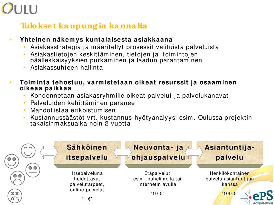 ja palvelukanavat Palveluiden kehittäminen paranee Mahdollistaa erikoistumisen Kustannussäästöt vrt. kustannus-hyötyanalyysi esim.