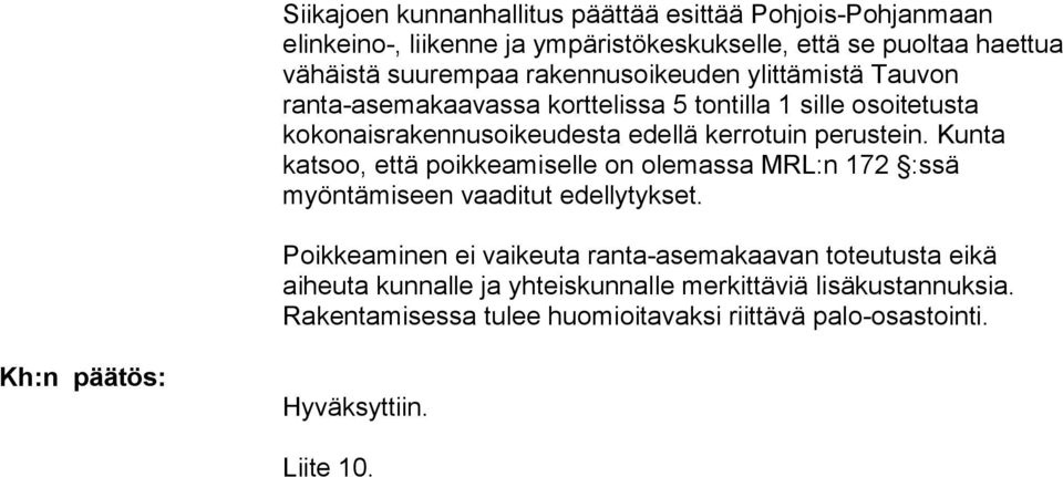 Kunta katsoo, että poikkeamiselle on ole mas sa MRL:n 172 :ssä myöntämiseen vaaditut edel ly tyk set.