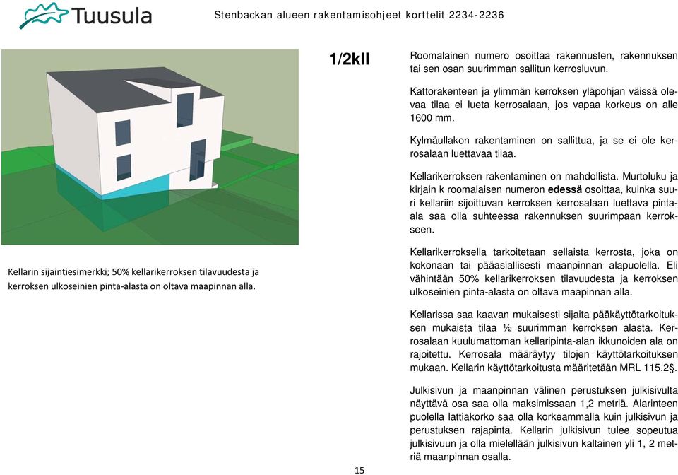 Kylmäullakon rakentaminen on sallittua, ja se ei ole kerrosalaan luettavaa tilaa. Kellarikerroksen rakentaminen on mahdollista.