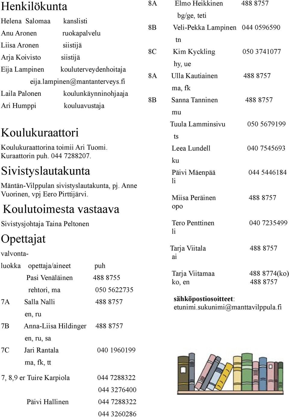 Koulutoimesta vastaava Sivistysjohtaja Taina Peltonen Opettajat valvontaopettaja/aineet puh Pasi Venäläinen 488 8755 rehtori, ma 050 5622735 en, ru Anna-Liisa Hildinger en, ru, sa 7C Jari Rantala 040