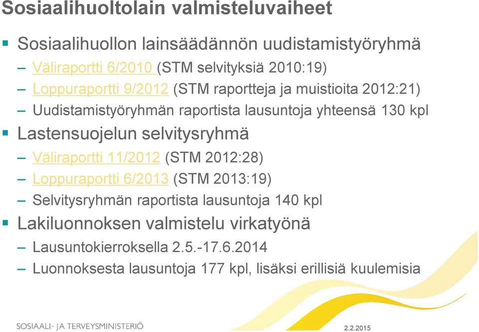 Lastensuojelun selvitysryhmä Väliraportti 11/2012 (STM 2012:28) Loppuraportti 6/2013 (STM 2013:19) Selvitysryhmän raportista