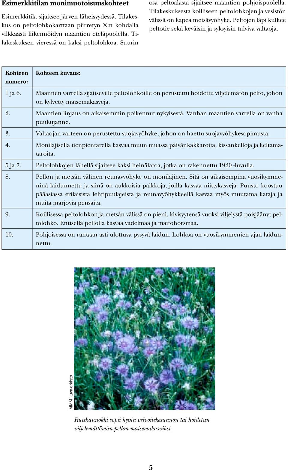 Peltojen läpi kulkee peltotie sekä keväisin ja syksyisin tulviva valtaoja. Kohteen numero: Kohteen kuvaus: 1 ja 6.