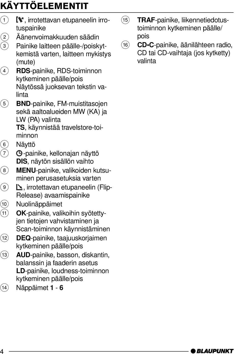 kellonajan näyttö DIS, näytön sisällön vaihto 8 MENU-painike, valikoiden kutsuminen perusasetuksia varten 9, irrotettavan etupaneelin (Flip- Release) avaamispainike : Nuolinäppäimet ; OK-painike,