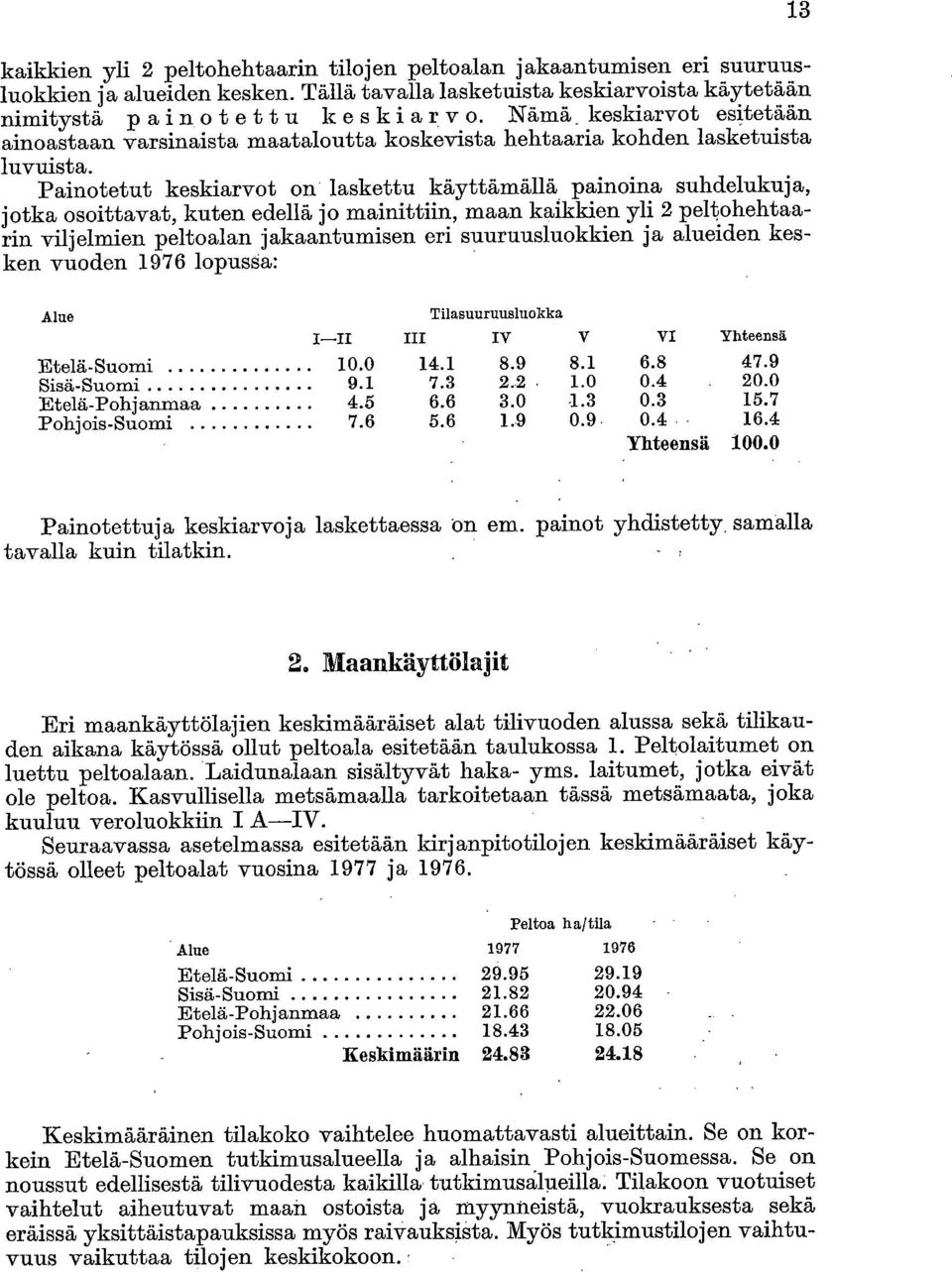 Painotetut keskiarvot on laskettu käyttämällä painoina suhdelukuja, jotka osoittavat, kuten edellä jo mainittiin, maan kaikkien yli 2 peltohehtaarin viljelmien peltoalan jakaantumisen eri