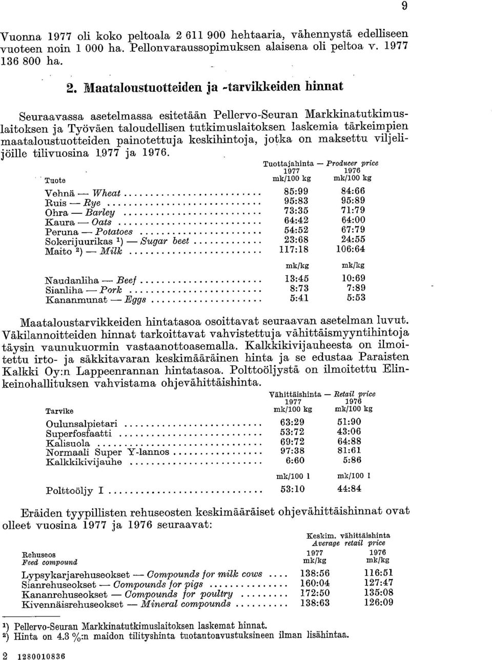 Maataloustuotteiden ja -tarvikkeiden hinnat Seuraavassa asetelmassa esitetään Pellervo-Seuran Markkinatutkimuslaitoksen ja Työväen taloudellisen tutkimuslaitoksen laskemia tärkeimpien