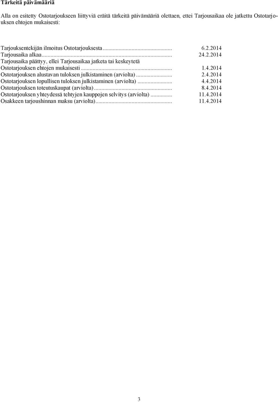 .. 1.4.2014 Ostotarjouksen alustavan tuloksen julkistaminen (arviolta)... 2.4.2014 Ostotarjouksen lopullisen tuloksen julkistaminen (arviolta)... 4.4.2014 Ostotarjouksen toteutuskaupat (arviolta).