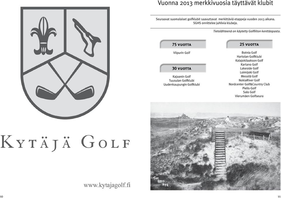 75 vuotta Viipurin Golf 30 vuotta Kajaanin Golf Tuusulan Golfklubi Uudenkaupungin Golfklubi 25 vuotta Botnia Golf Hartolan