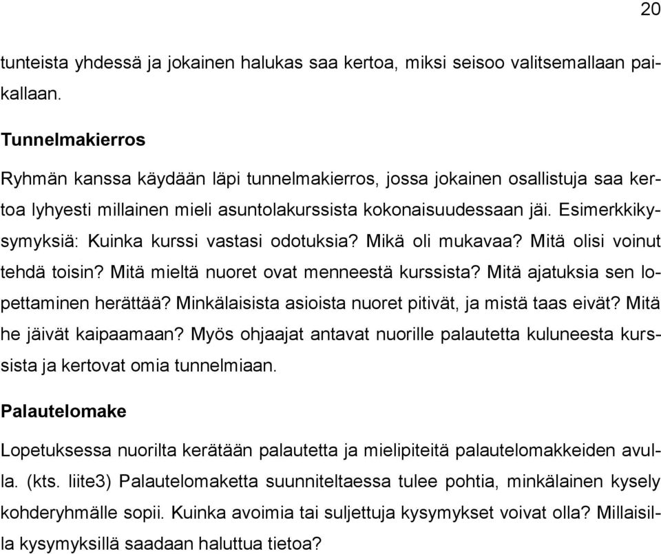 Esimerkkikysymyksiä: Kuinka kurssi vastasi odotuksia? Mikä oli mukavaa? Mitä olisi voinut tehdä toisin? Mitä mieltä nuoret ovat menneestä kurssista? Mitä ajatuksia sen lopettaminen herättää?