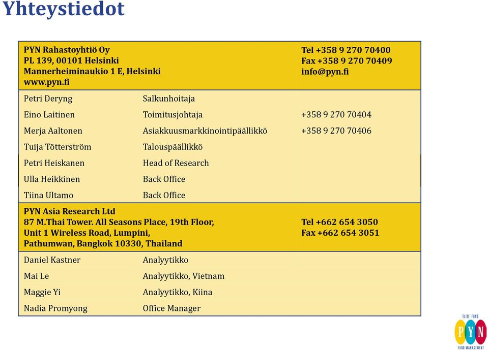 Ulla Heikkinen Tiina Ultamo Talouspäällikkö Head of Research Back Office Back Office PYN Asia Research Ltd 87 M.Thai Tower.