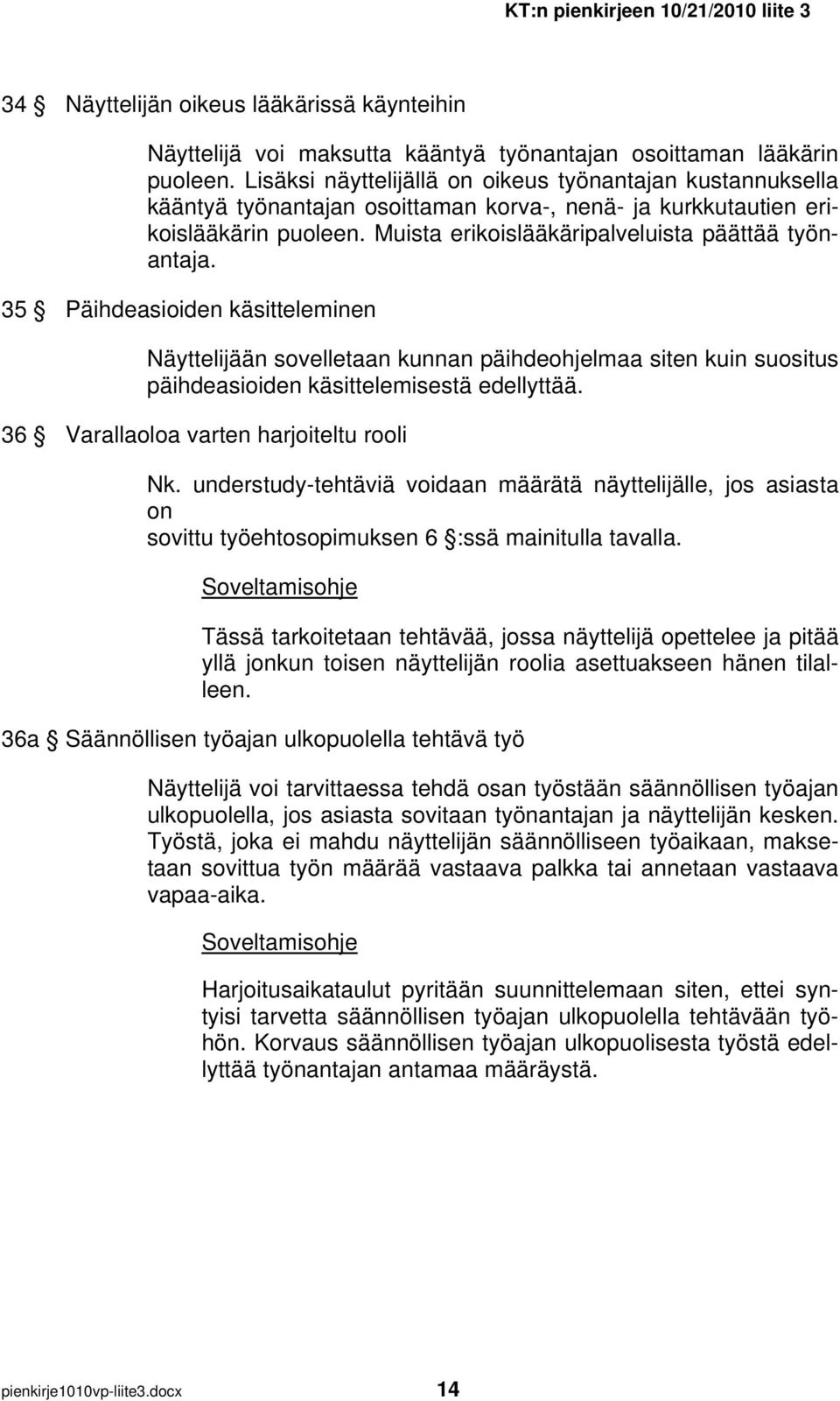 35 Päihdeasioiden käsitteleminen Näyttelijään sovelletaan kunnan päihdeohjelmaa siten kuin suositus päihdeasioiden käsittelemisestä edellyttää. 36 Varallaoloa varten harjoiteltu rooli Nk.