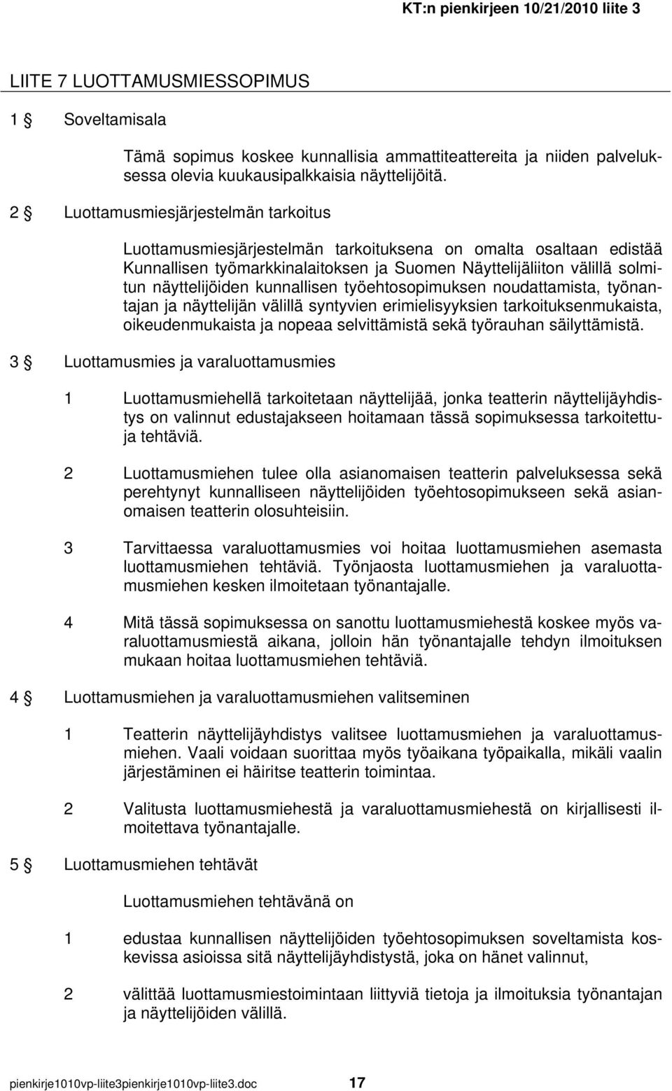 kunnallisen työehtosopimuksen noudattamista, työnantajan ja näyttelijän välillä syntyvien erimielisyyksien tarkoituksenmukaista, oikeudenmukaista ja nopeaa selvittämistä sekä työrauhan säilyttämistä.