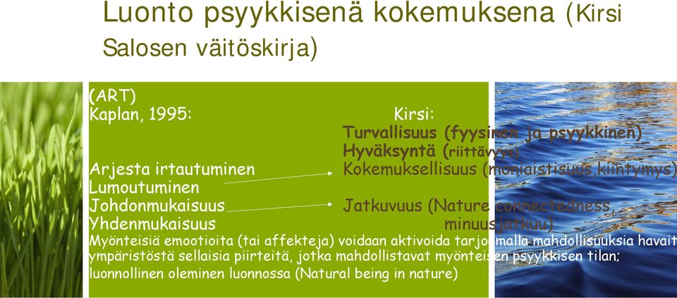 Jatkuvuus (Nature connectedness, minuusjatkuu) Myönteisiä emootioita (tai affekteja) voidaan aktivoida tarjoamalla mahdollisuuksia