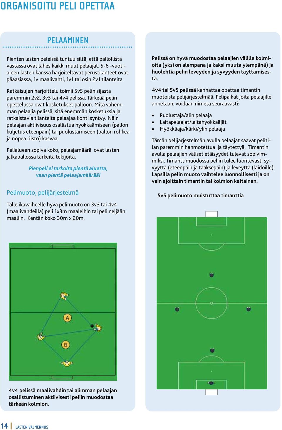 Ratkaisujen harjoittelu toimii 5v5 pelin sijasta paremmin 2v2, 3v3 tai 4v4 pelissä. Tärkeää pelin opettelussa ovat kosketukset palloon.
